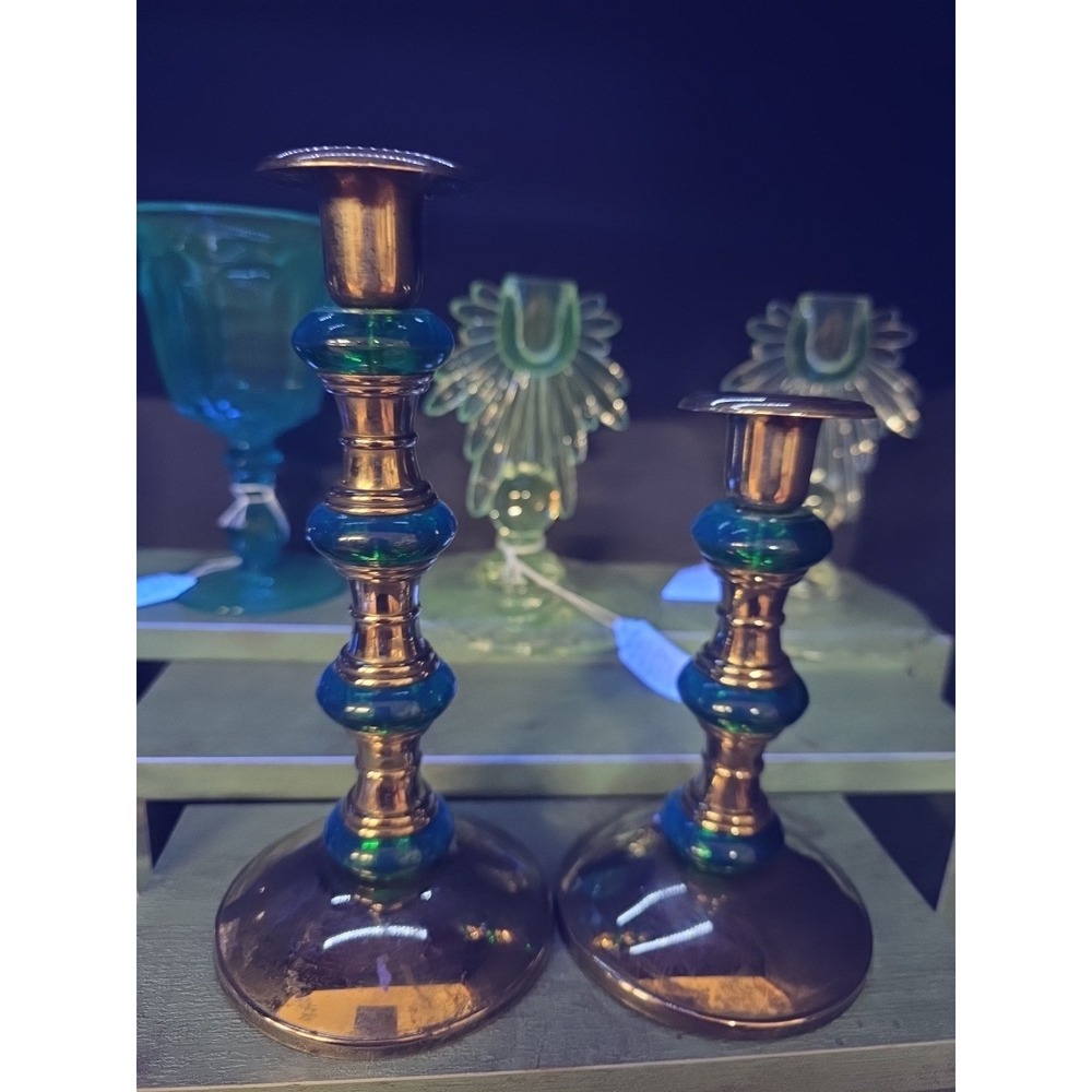 Pair of VTG Mercury Glass Candlesticks with Green Glass Accents - Glows Blue - Picture 3 of 5